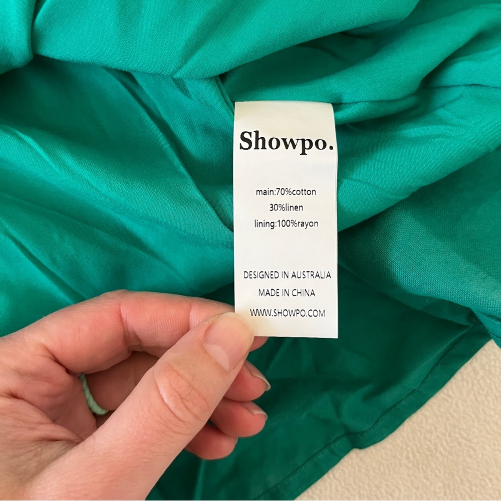 NEW ShowPo Harleen Asymmetrical Puff Sleeve Mini Dress Green Wedding Party Derby - Picture 7 of 11